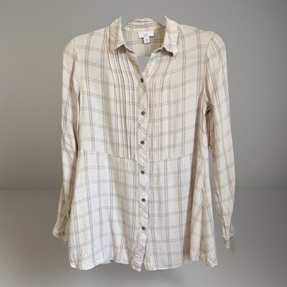 J.Jill Cream Plaid Peplum Button Up Tunic Top Women’s XS Quiet Luxury Soft